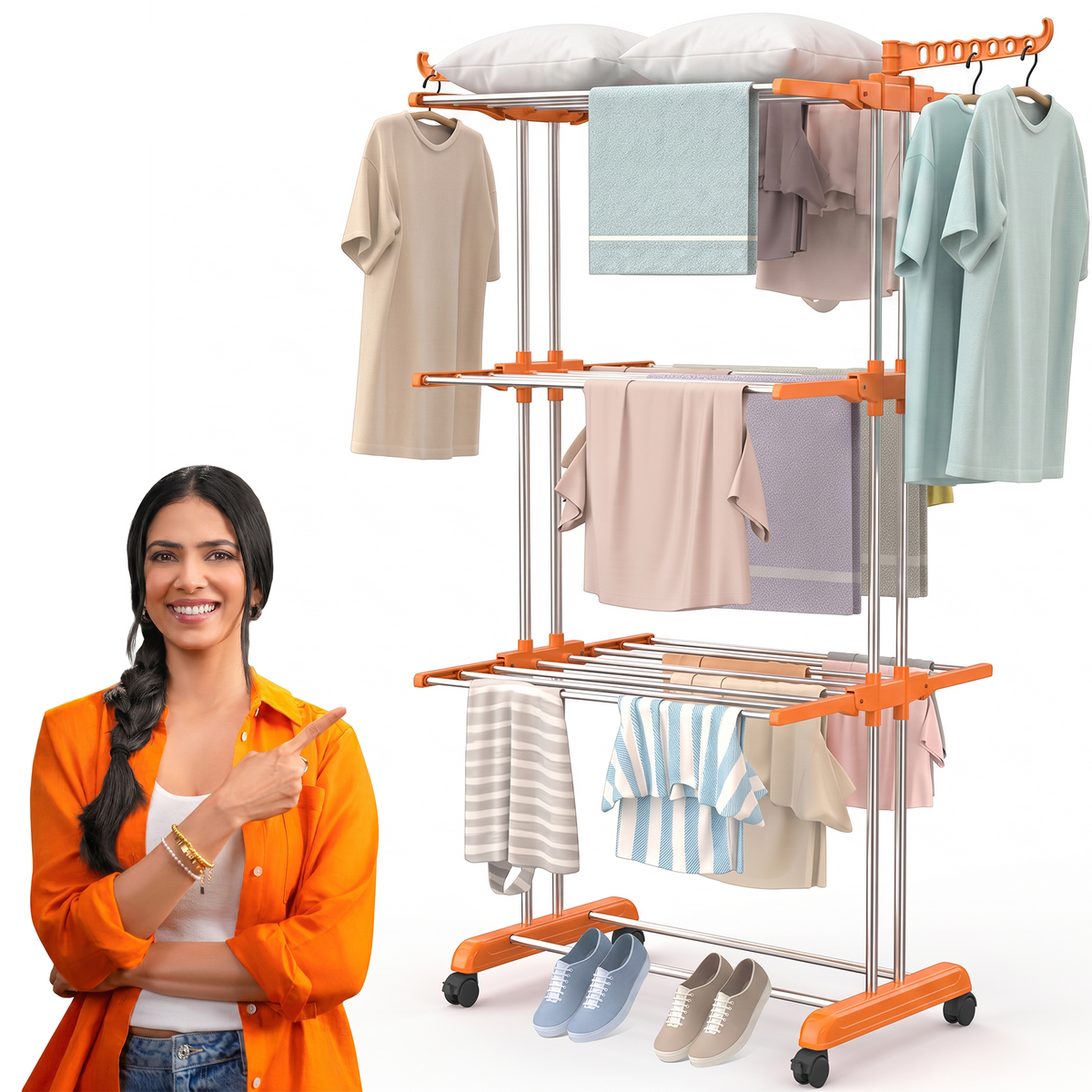 ProHome 3-Tier Steel Floor Cloth Drying Stand with Wheels | Rust-Free Premium Build