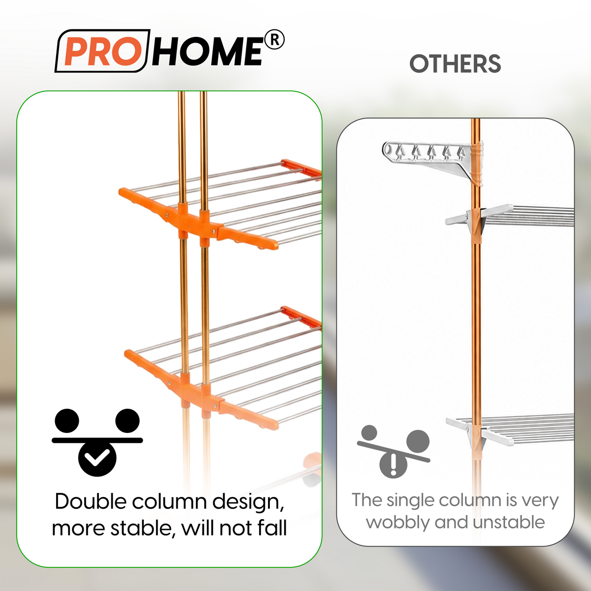 ProHome 3-Tier Steel Floor Cloth Drying Stand with Wheels | Rust-Free Premium Build
