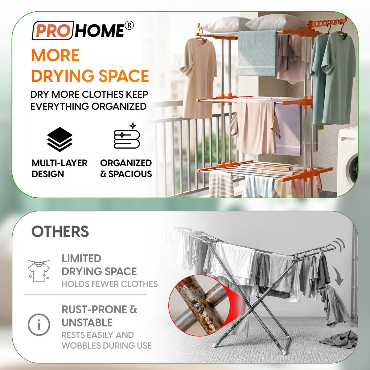 ProHome 3-Tier Steel Floor Cloth Drying Stand with Wheels | Rust-Free Premium Build