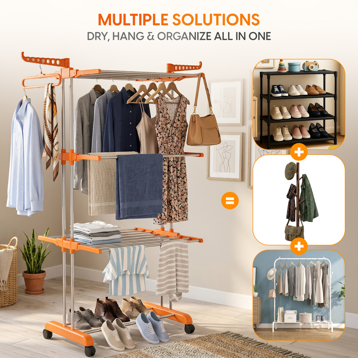 ProHome 3-Tier Steel Floor Cloth Drying Stand with Wheels | Rust-Free Premium Build
