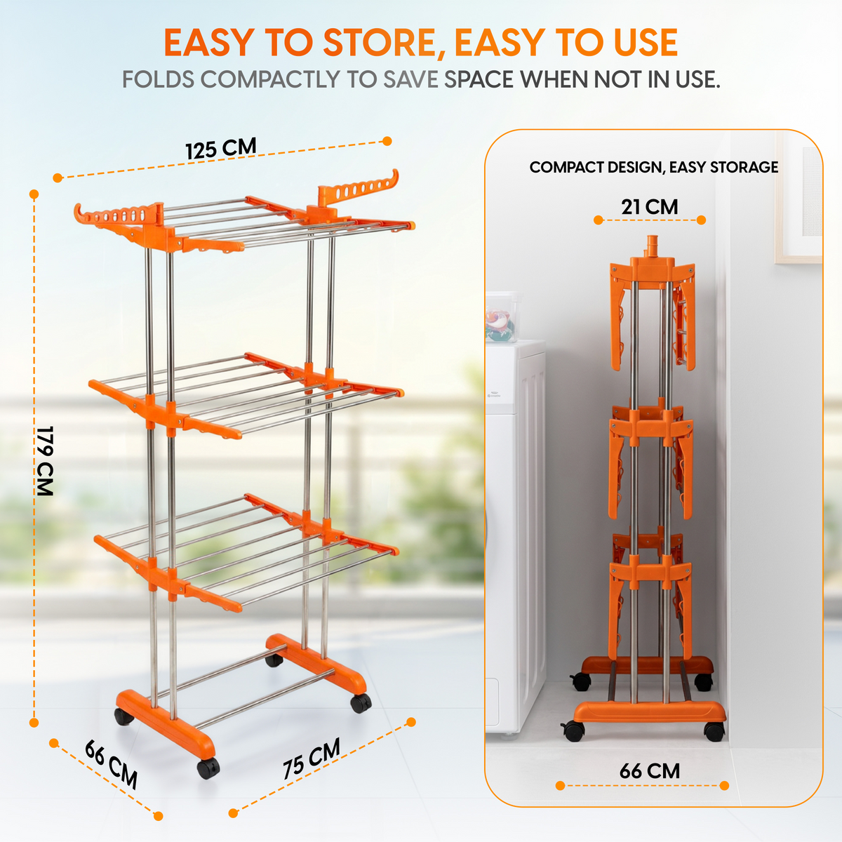 ProHome 3-Tier Steel Floor Cloth Drying Stand with Wheels | Rust-Free Premium Build