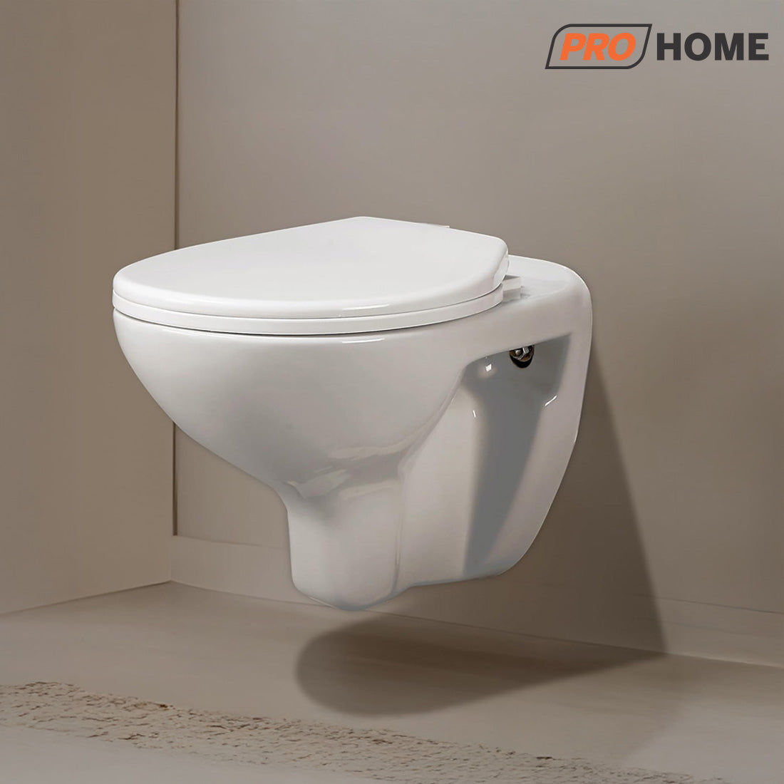 ProHome Wall-Mounted Ceramic Commode – Glossy White, Soft Close Seat, Premium Design