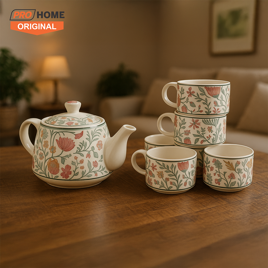 ProHome Elegant Floral Ceramic Tea Set – 7-Piece, Kettle & 6 Cups (Multicolor)