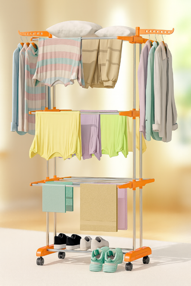 ProHome 3-Tier Steel Floor Cloth Drying Stand with Wheels | Rust-Free Premium Build