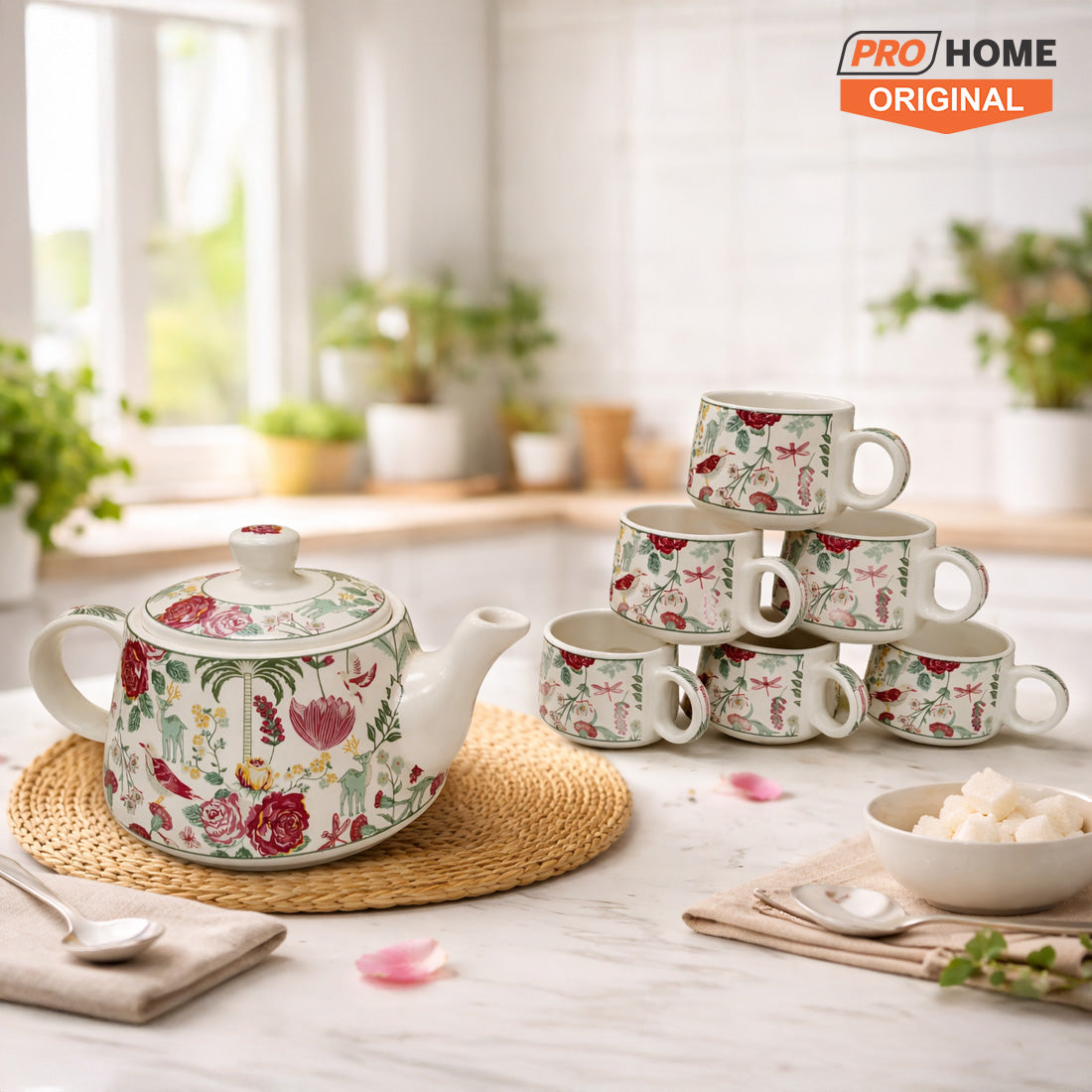 ProHome Premium Ceramic Floral Tea Set with Kettle & 6 Cups | 7-Piece Multicolor Tea Serving Set