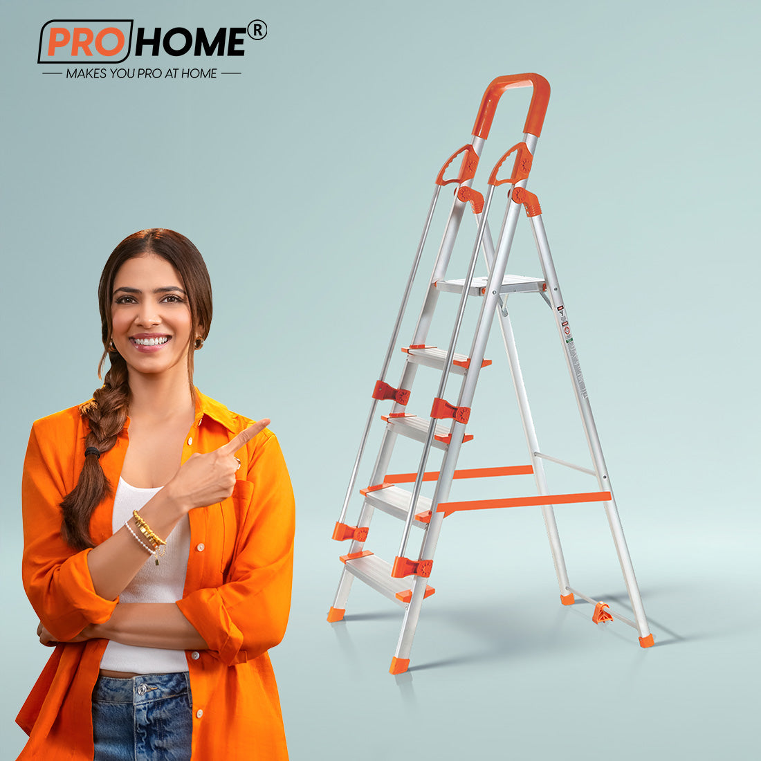 ProHome Hand Railing 5 Steps Aluminium Ladder with 5 Anti-Slip Shoes (With Platform)