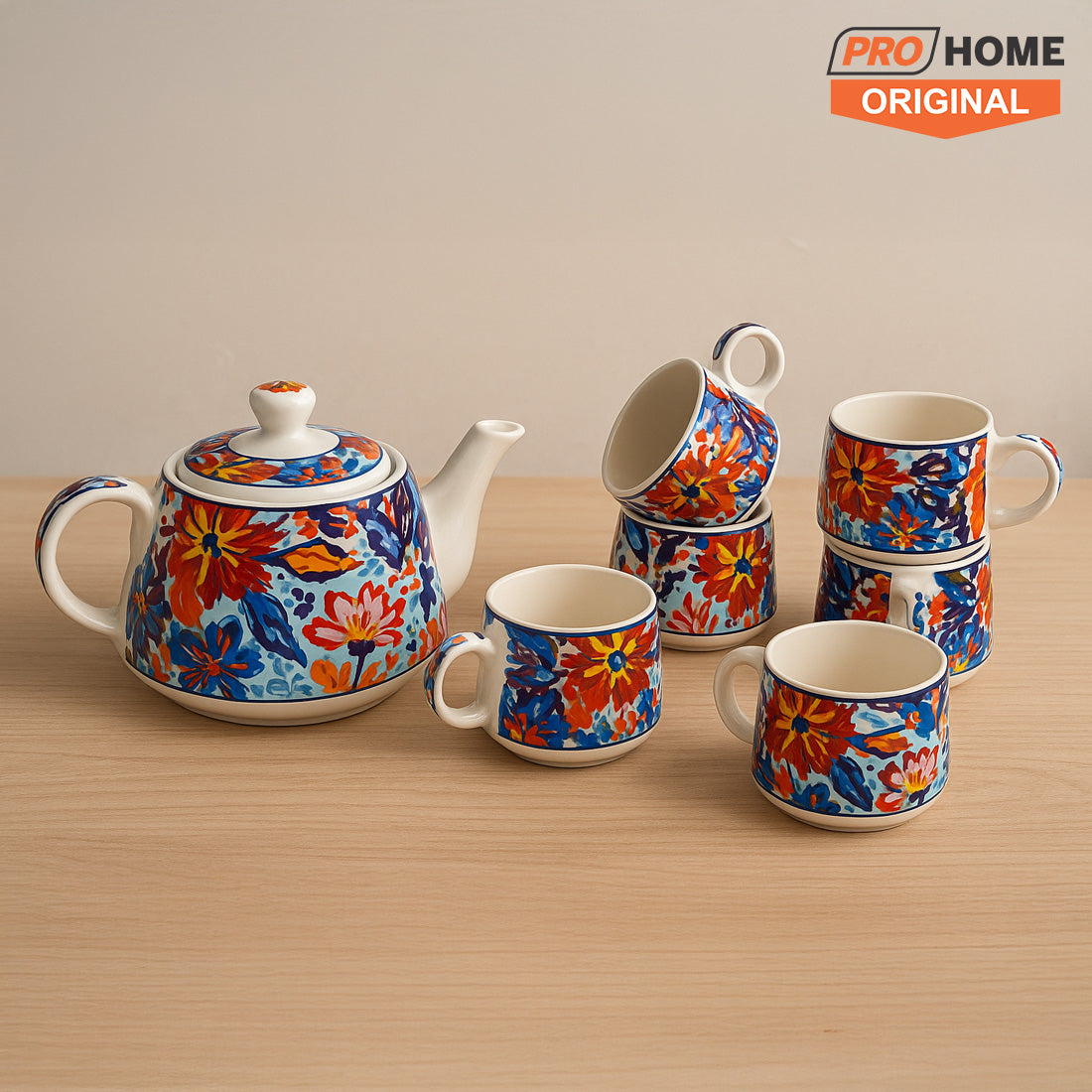 ProHome Hand-Painted Ceramic Tea Set – 7 Pieces (6 Cups & 1 Kettle, Multicolour Floral Design)