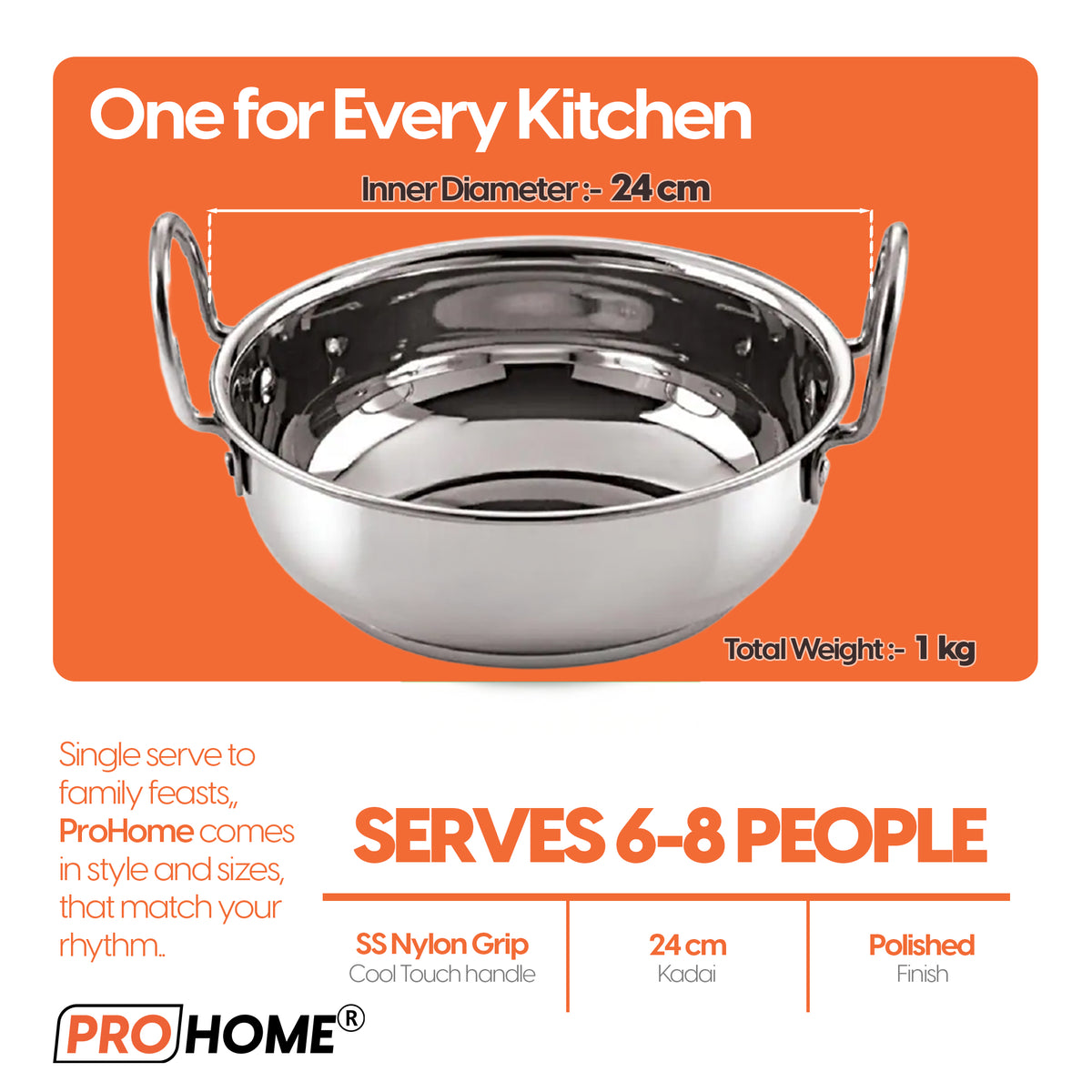ProHome Stainless Steel Kadai – 24 cm Heavy Bottom Pan, Induction & Gas Compatible Cookware