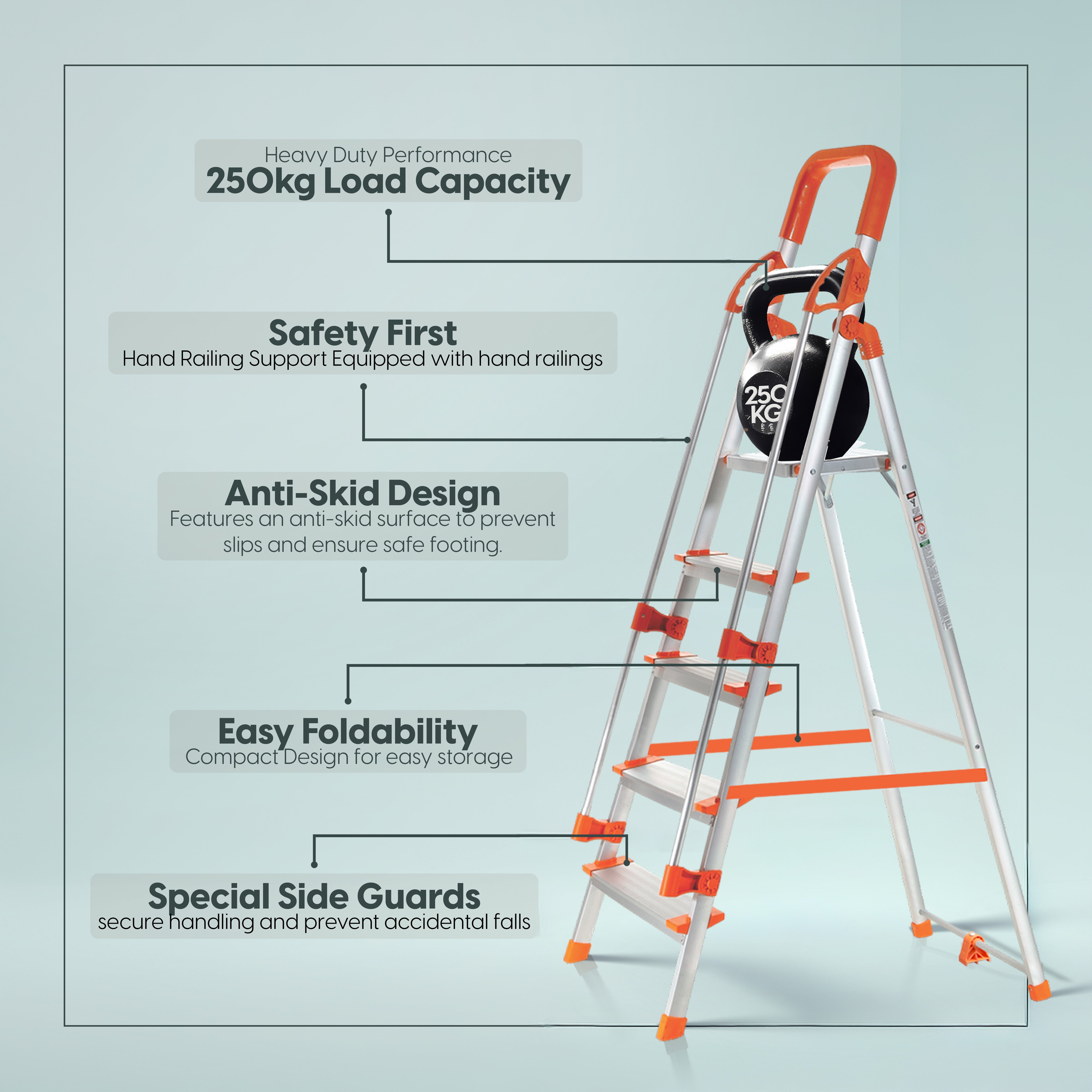 ProHome Hand Railing 5 Steps Aluminium Ladder with 5 Anti-Slip Shoes (With Platform)