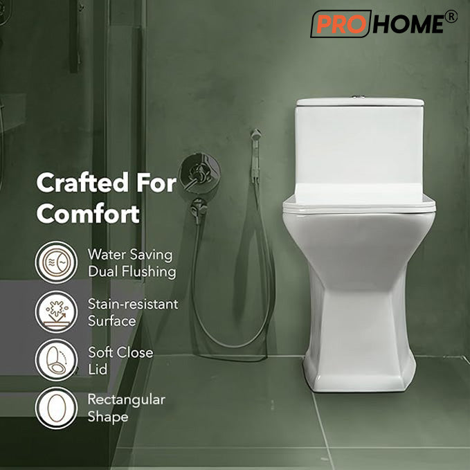 ProHome Rimless One-Piece Western Commode – Premium Ceramic, Floor Mounted, Glossy White Finish