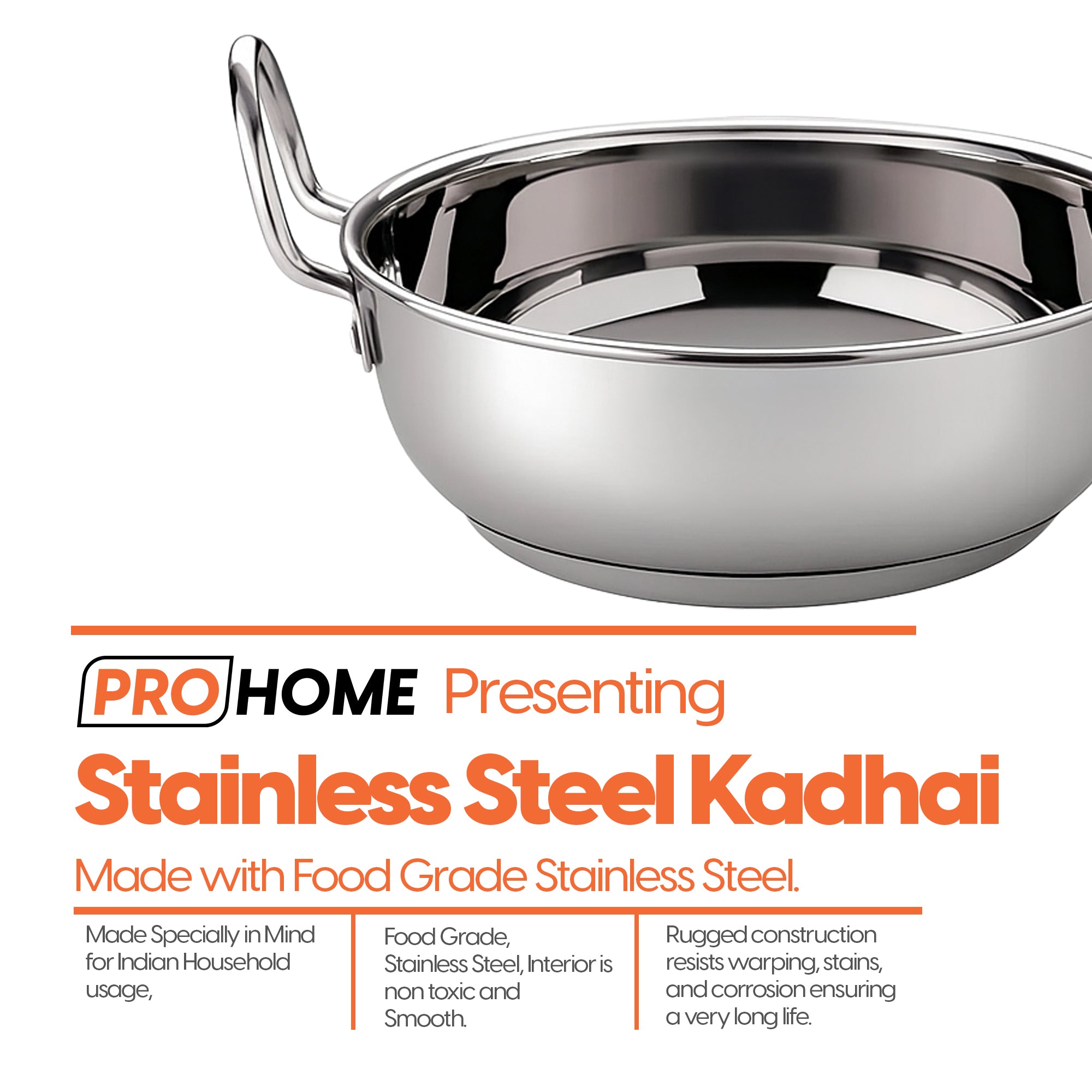 ProHome Stainless Steel Kadai – 24 cm Heavy Bottom Pan, Induction & Gas Compatible Cookware