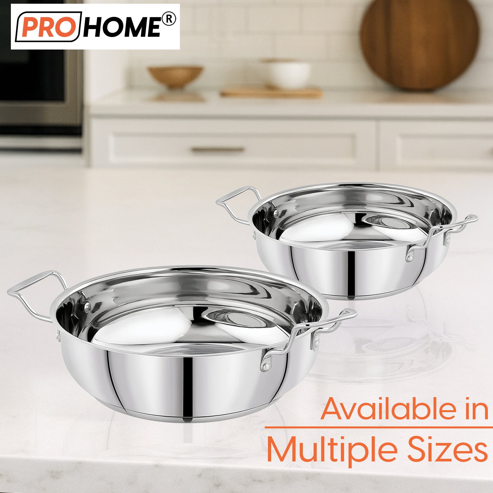 ProHome Stainless Steel Kadai – 22 cm Heavy Bottom Pan, 2.2L Capacity, Induction & Gas Compatible