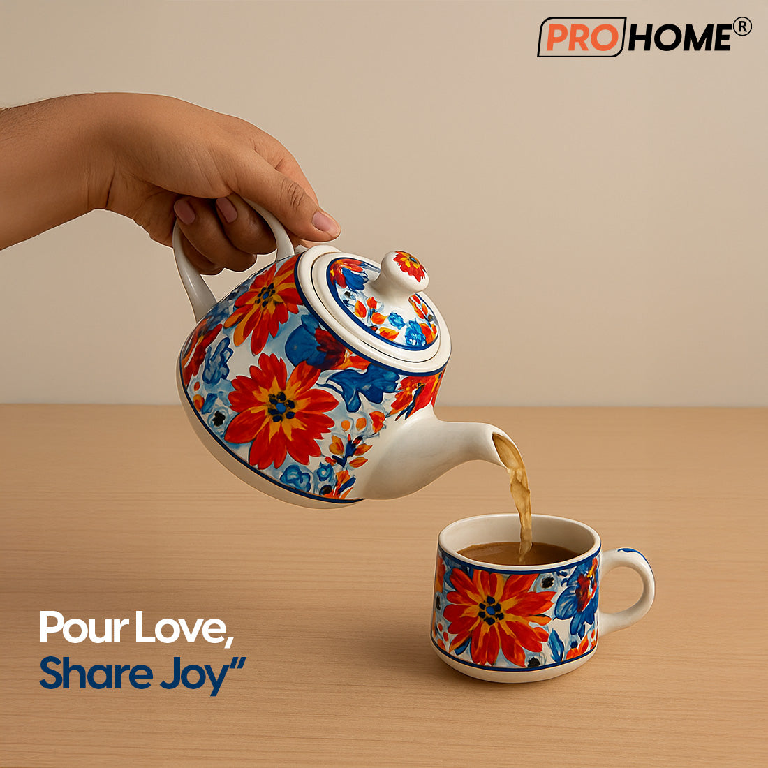ProHome Hand-Painted Ceramic Tea Set – 7 Pieces (6 Cups & 1 Kettle, Multicolour Floral Design)