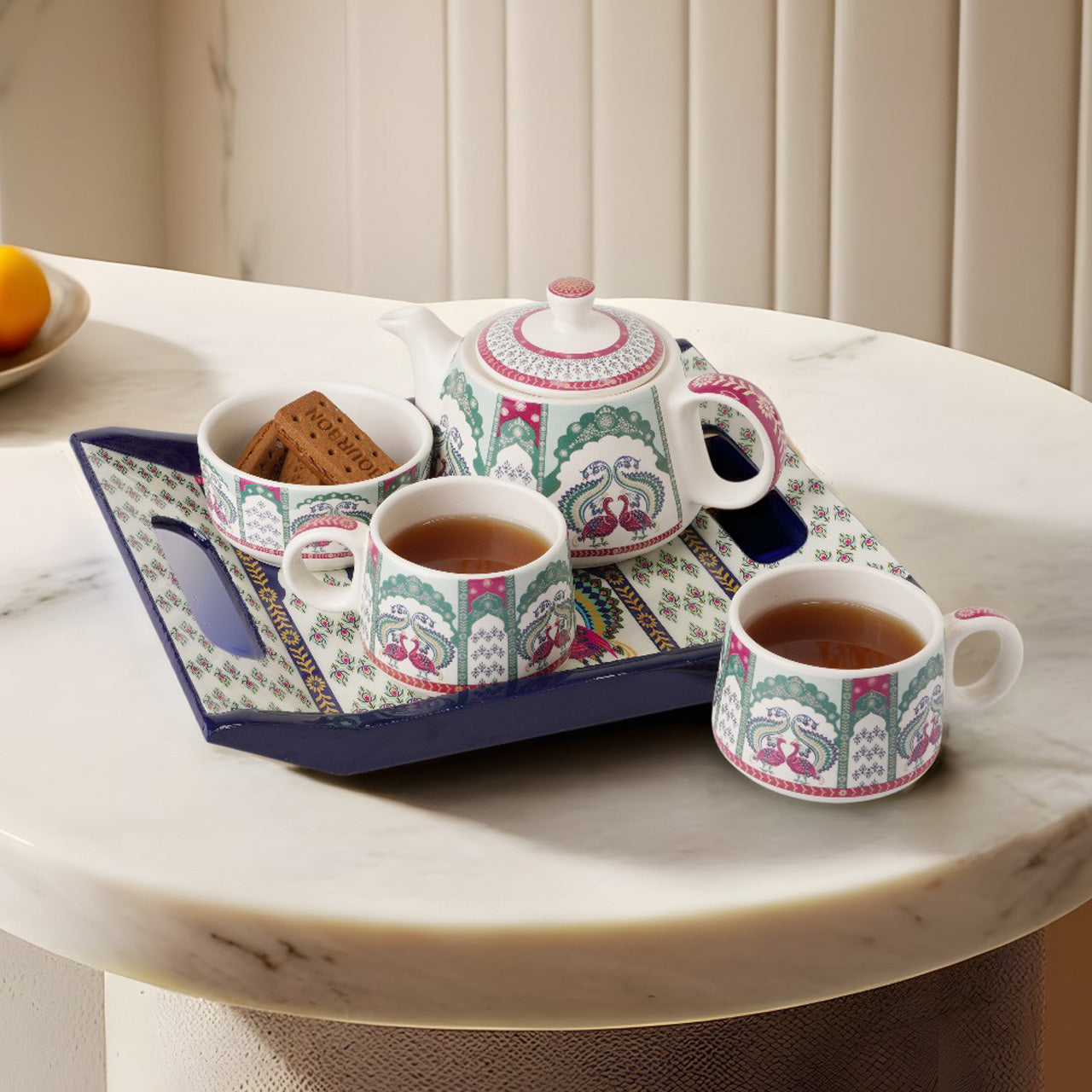 ProHome Premium Ceramic Tea Set with Kettle, 2 Cups, Bowl & Tray – Pack of 5 (Multicolor)