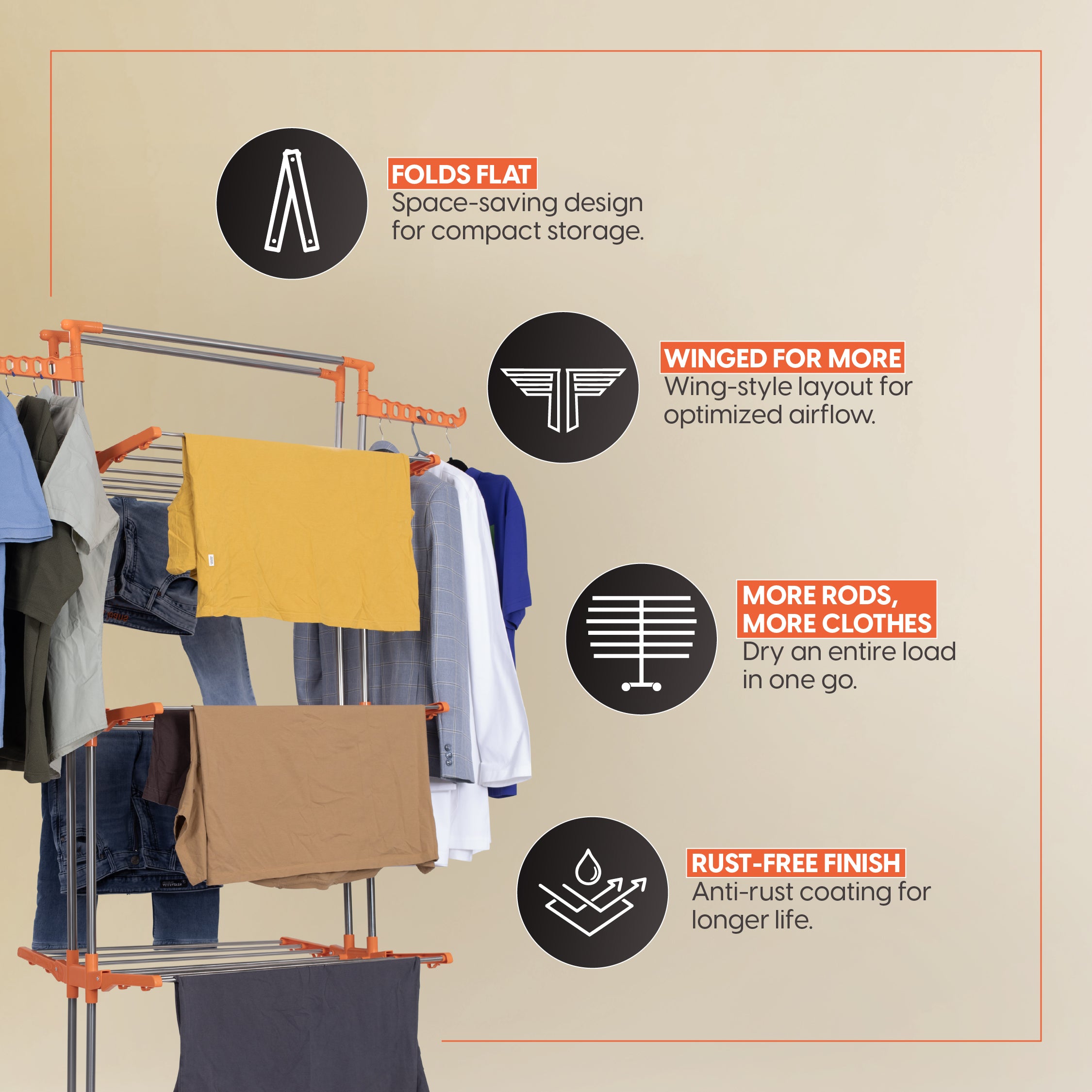 ProHome 3-Tier Steel Floor Cloth Drying Stand with Wheels | Rust-Free Premium Build