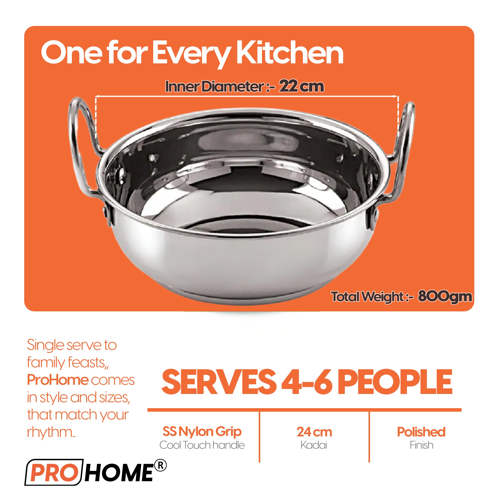 ProHome Stainless Steel Kadai – 22 cm Heavy Bottom Pan, 2.2L Capacity, Induction & Gas Compatible