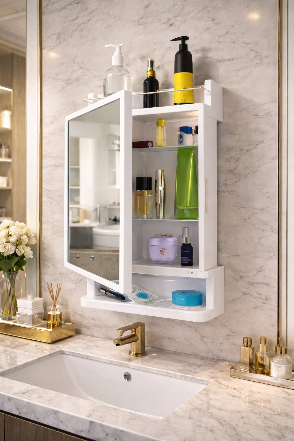 ProHome Wall Mirror Cabinet with 6 Shelves | Bathroom Storage Organizer – White