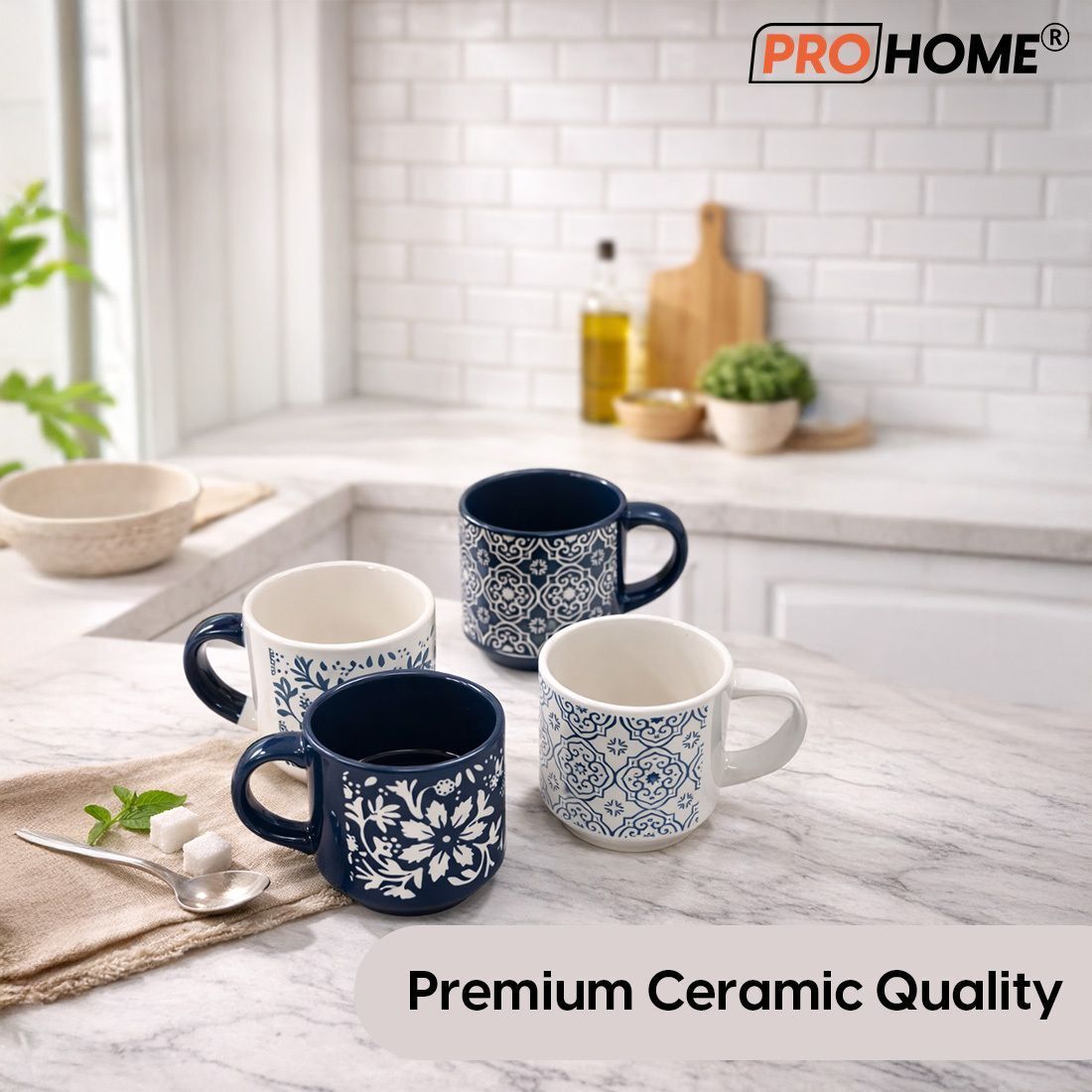 ProHome Pack of 4 Ceramic Tea & Coffee Cups with Space-Saving Metal Stand | Stylish & Durable Mug Set