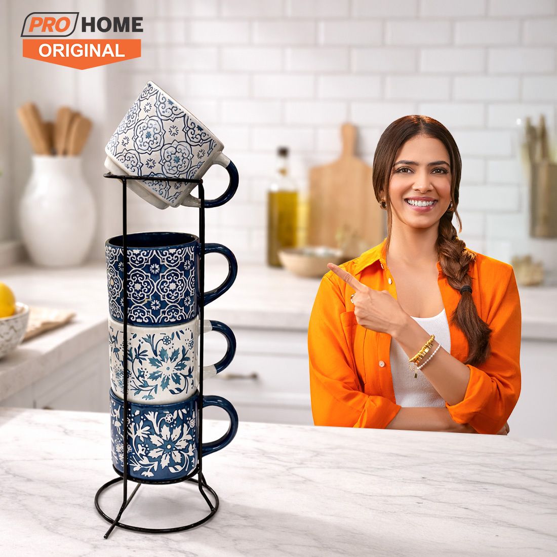 ProHome Pack of 4 Ceramic Tea & Coffee Cups with Space-Saving Metal Stand | Stylish & Durable Mug Set