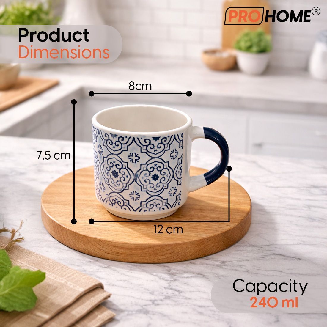 ProHome Pack of 4 Ceramic Tea & Coffee Cups with Space-Saving Metal Stand | Stylish & Durable Mug Set