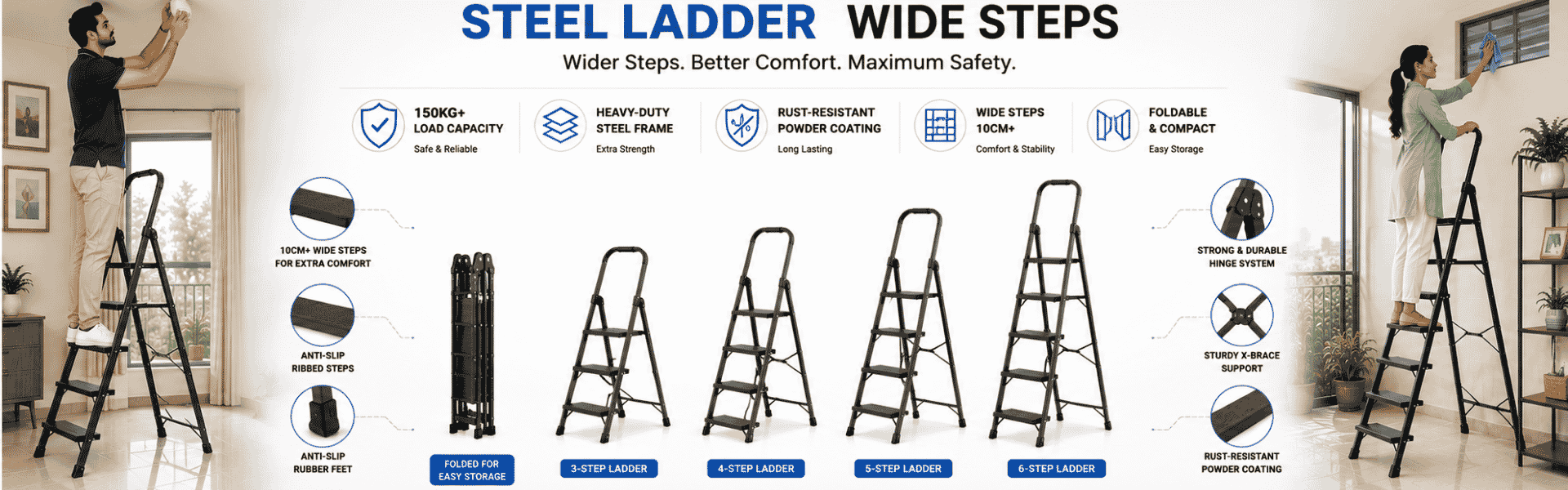 Steel Ladder Wide Steps