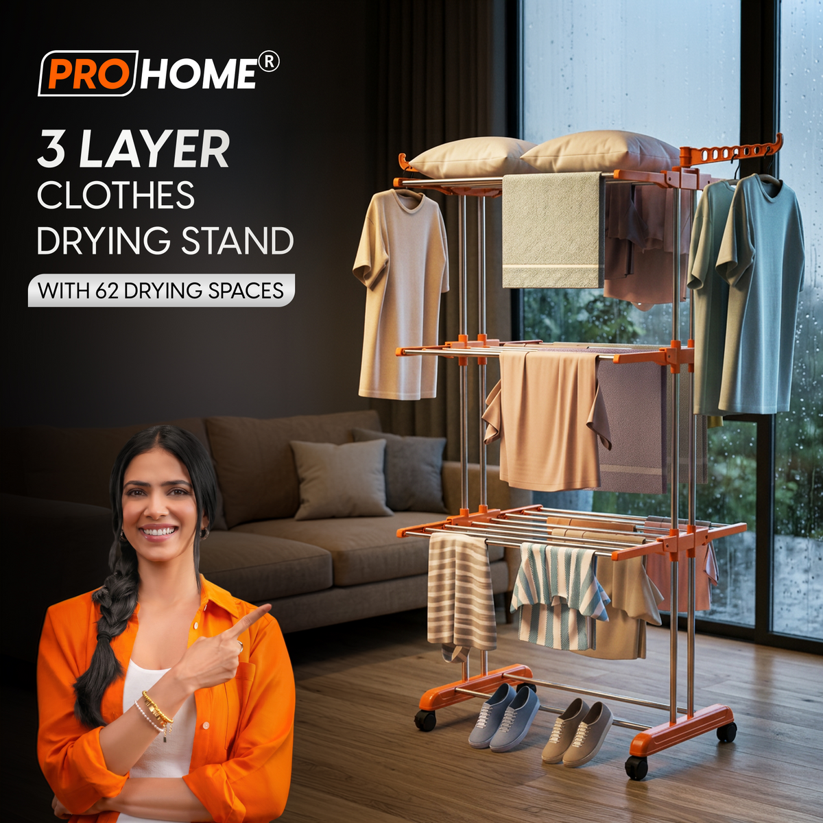 ProHome 3-Tier Steel Floor Cloth Drying Stand with Wheels | Rust-Free Premium Build