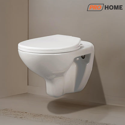 ProHome Wall-Mounted Ceramic Commode – Glossy White, Soft Close Seat, Premium Design