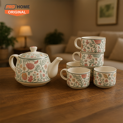 ProHome Elegant Floral Ceramic Tea Set – 7-Piece, Kettle & 6 Cups (Multicolor)