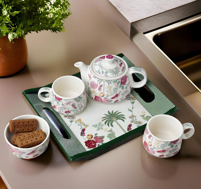 ProHome Floral Ceramic Tea Set – Pack of 4 with Tray | Kettle, 2 Cups & Bowl (Multicolor)