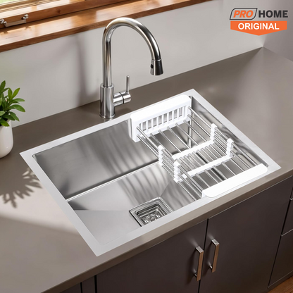 ProHome Single Bowl Handmade Kitchen Sink with Basket – 24"x18"x10" Satin Finish, Top Mount