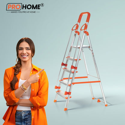 ProHome Hand Railing 5 Steps Aluminium Ladder with 5 Anti-Slip Shoes (With Platform)