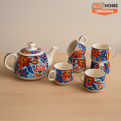 ProHome Hand-Painted Ceramic Tea Set – 7 Pieces (6 Cups & 1 Kettle, Multicolour Floral Design)