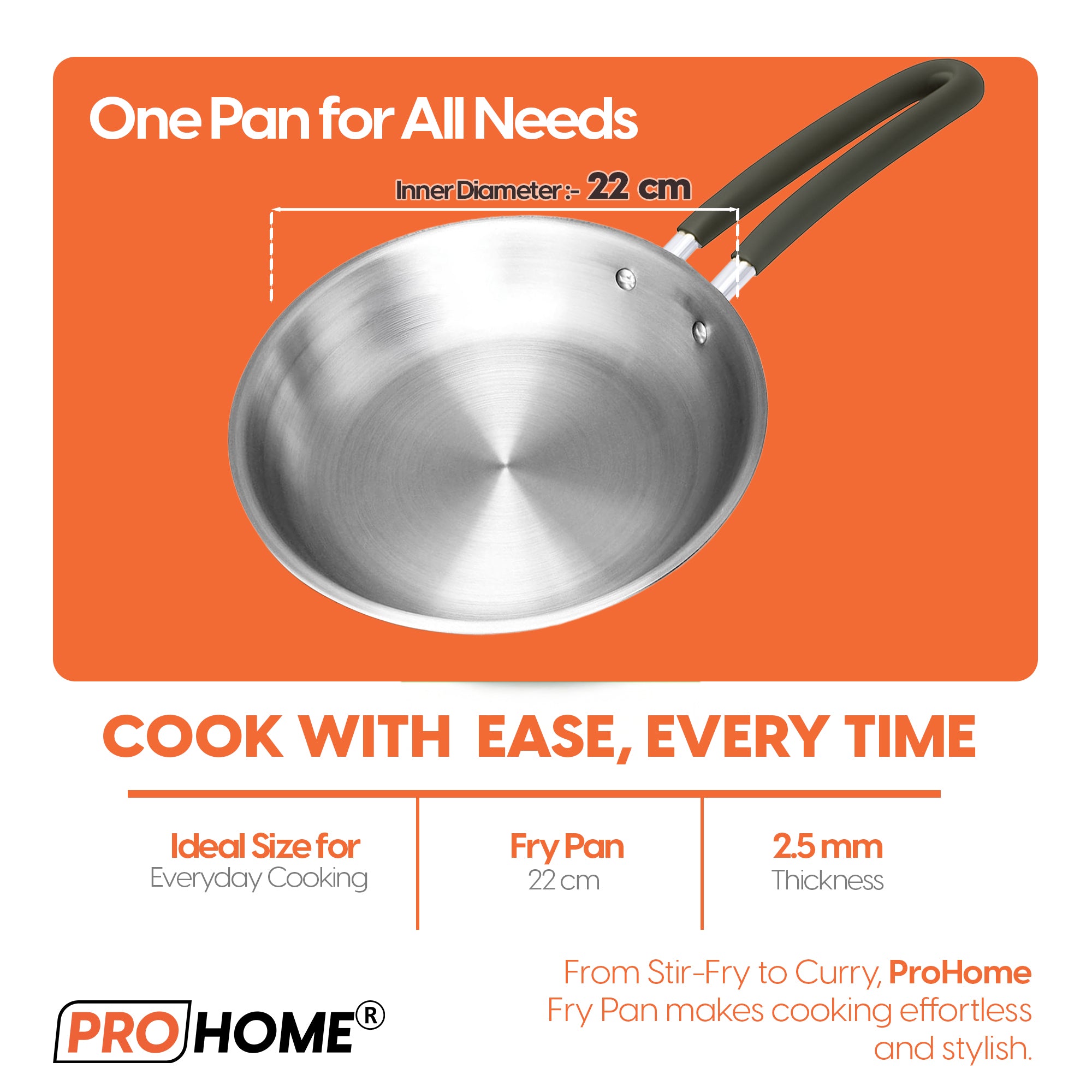 ProHome Spark Triply Stainless Steel Fry Pan 22 cm (1.5 L) – 3 Layer Heavy Duty Induction & Gas Compatible Kadhai Pan