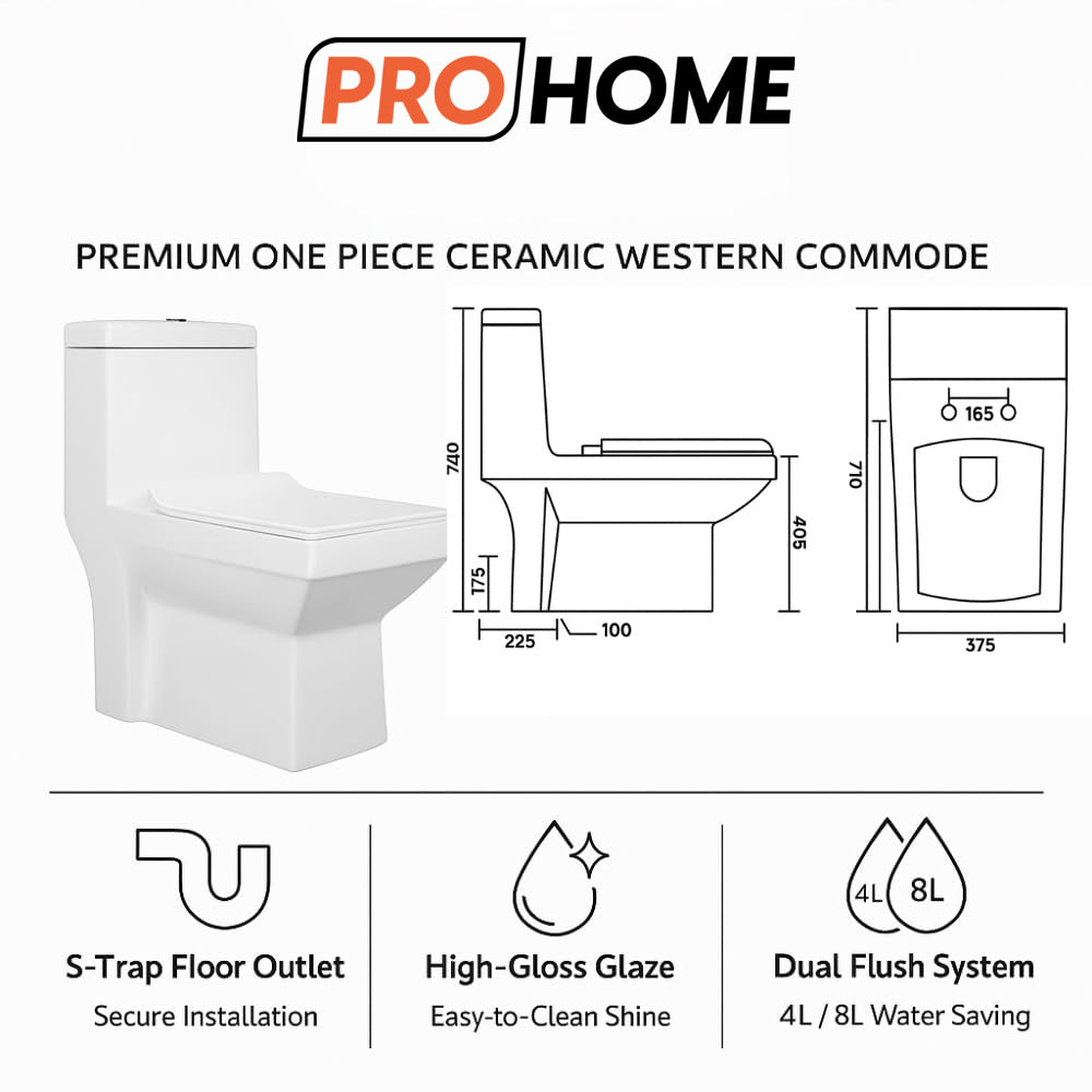 ProHome Rimless One-Piece Western Commode – Premium Ceramic, Floor Mounted, Glossy White Finish