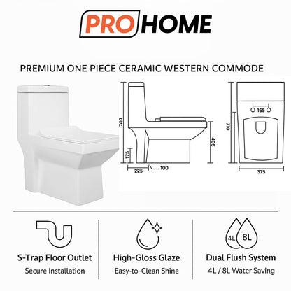 ProHome Rimless One-Piece Western Commode – Premium Ceramic, Floor Mounted, Glossy White Finish