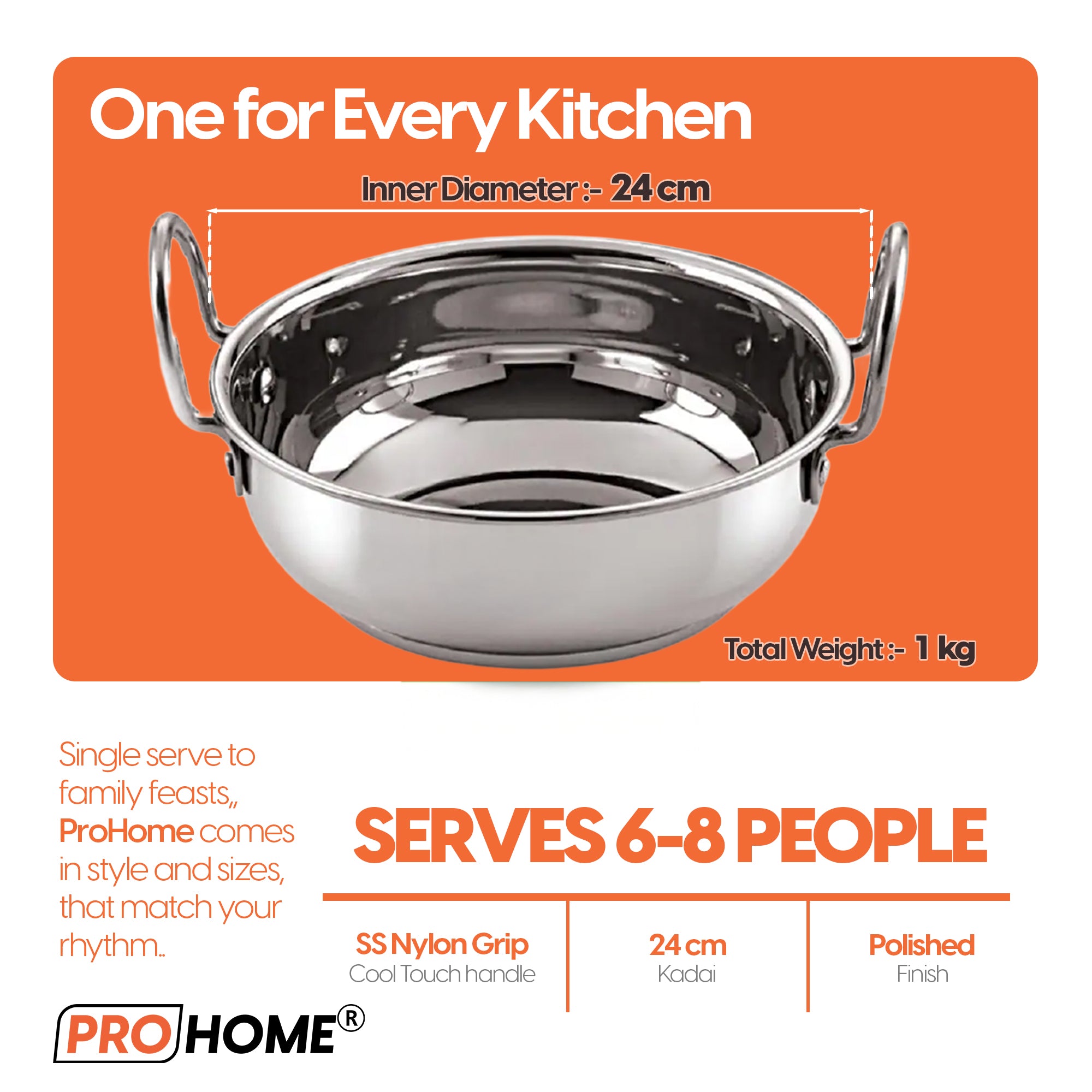 ProHome Stainless Steel Kadai – 24 cm Heavy Bottom Pan, Induction & Gas Compatible Cookware