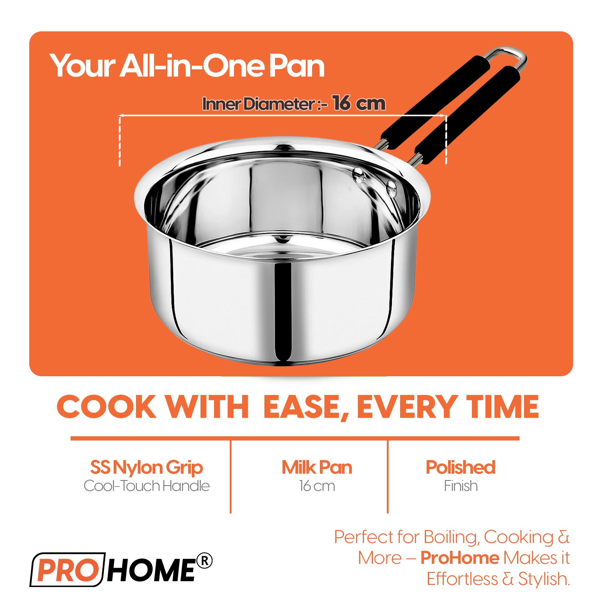 ProHome 1.6 L Stainless Steel Milk & Tea Pan | 16 cm | Double Handle | Induction Base | Mirror Finish