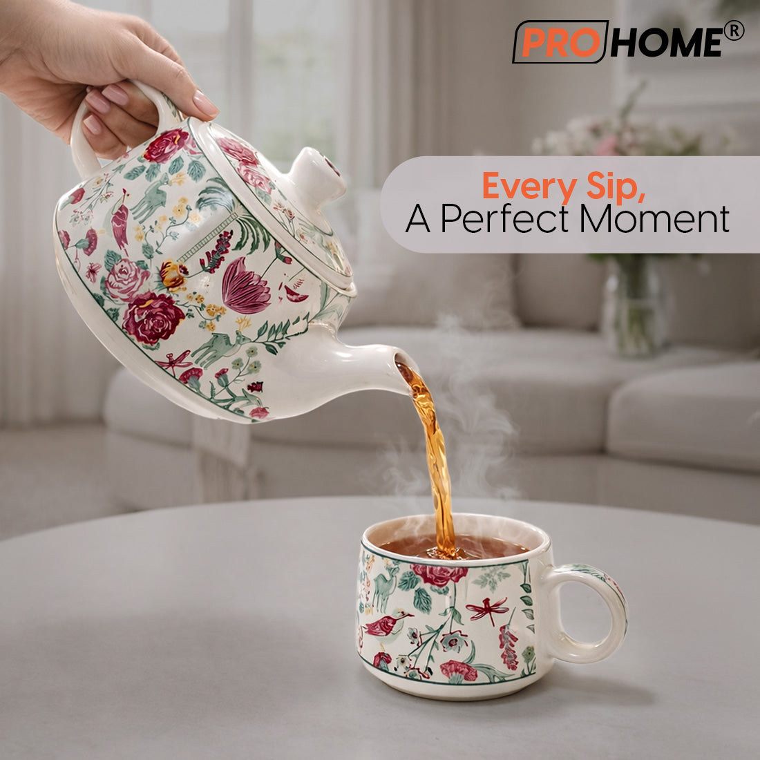 ProHome Premium Ceramic Floral Tea Set with Kettle & 6 Cups | 7-Piece Multicolor Tea Serving Set