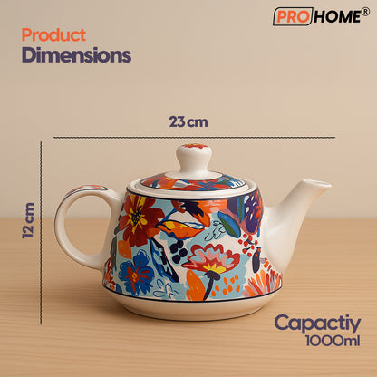ProHome Hand-Painted Ceramic Tea Set – 7 Pieces (6 Cups & 1 Kettle, Multicolour Floral Design)