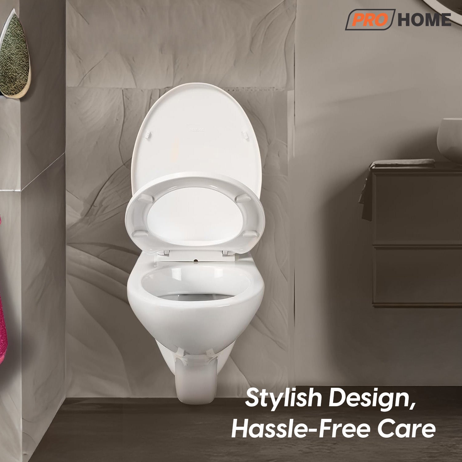 ProHome Wall-Mounted Ceramic Commode – Glossy White, Soft Close Seat, Premium Design