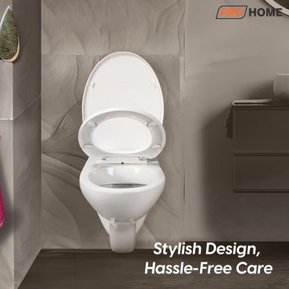 ProHome Wall-Mounted Ceramic Commode – Glossy White, Soft Close Seat, Premium Design