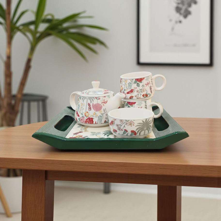 ProHome Floral Ceramic Tea Set – Pack of 4 with Tray | Kettle, 2 Cups & Bowl (Multicolor)