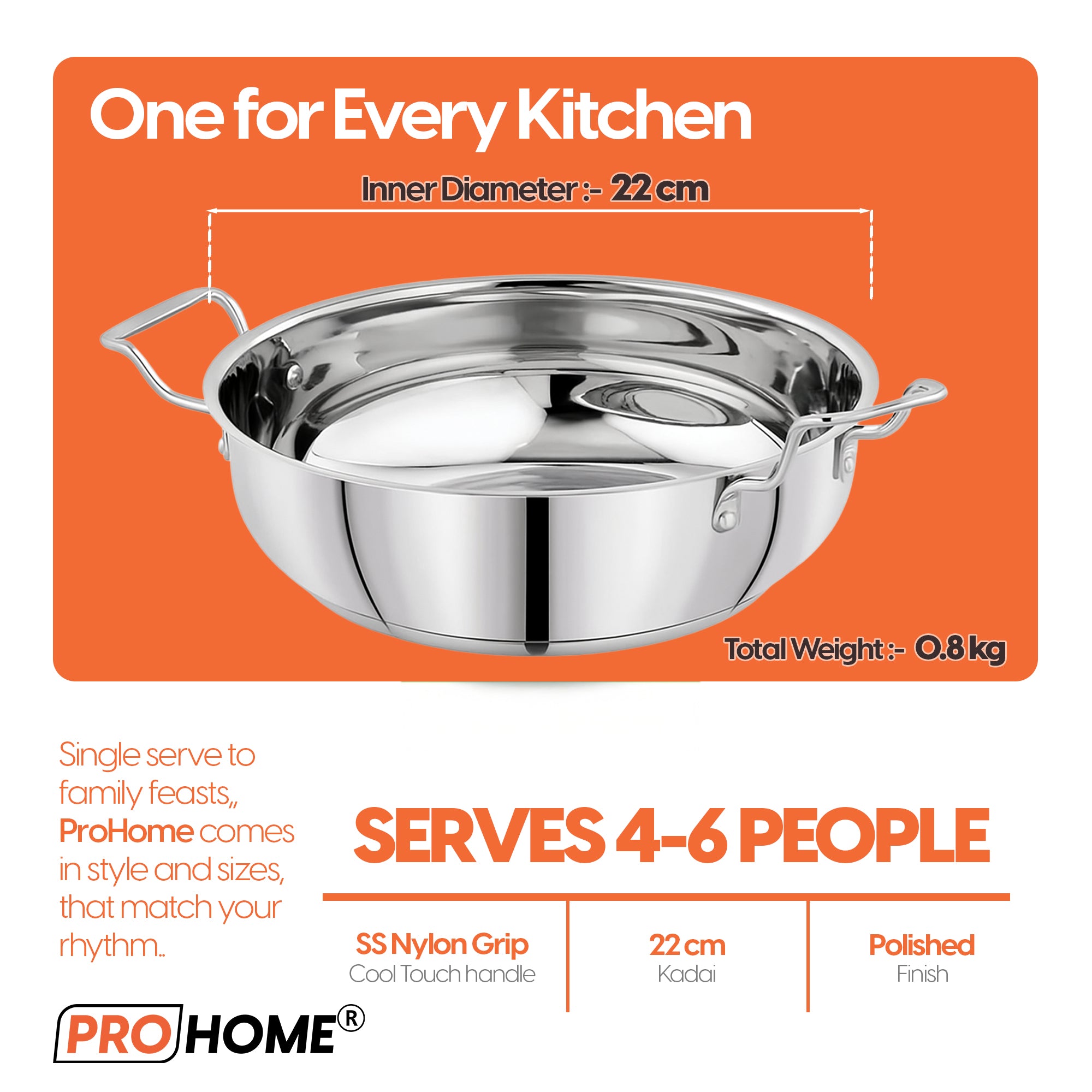 ProHome Stainless Steel Kadai – 22 cm Heavy Bottom Pan, 2.2L Capacity, Induction & Gas Compatible