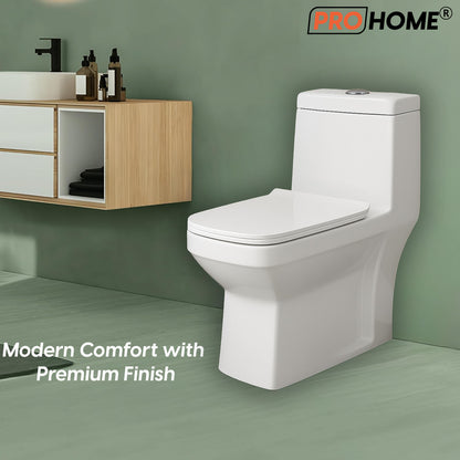 ProHome Rimless One-Piece Western Commode – Premium Ceramic, Floor Mounted, Glossy White Finish