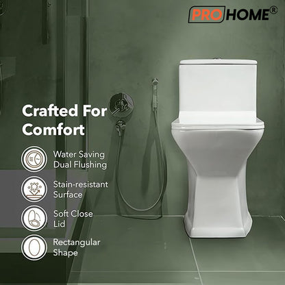 ProHome Rimless One-Piece Western Commode – Premium Ceramic, Floor Mounted, Glossy White Finish