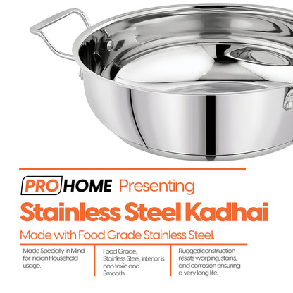 ProHome Stainless Steel Kadai – 22 cm Heavy Bottom Pan, 2.2L Capacity, Induction & Gas Compatible