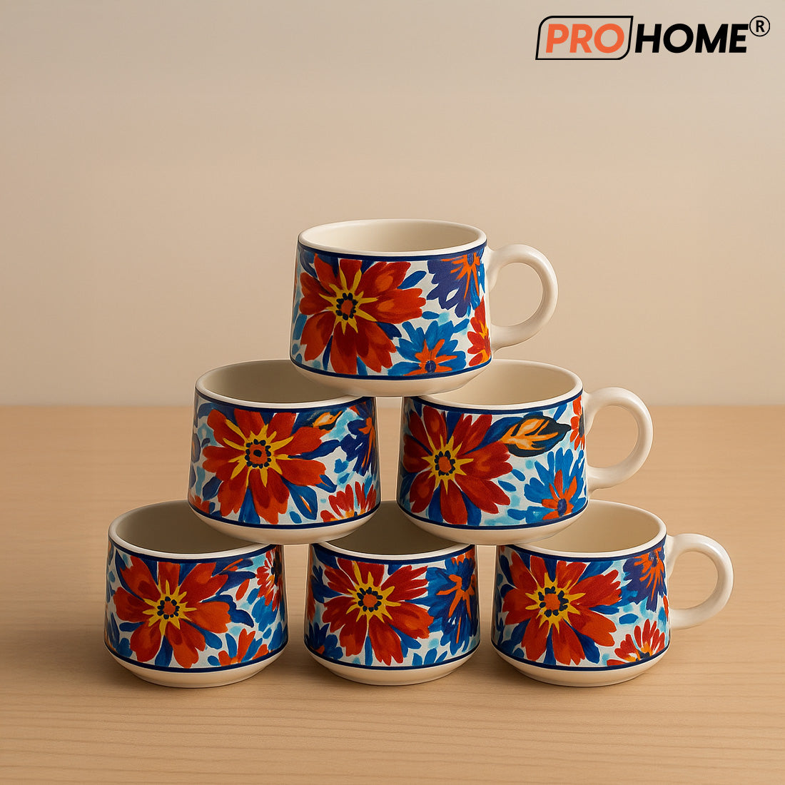 ProHome Hand-Painted Ceramic Tea Set – 7 Pieces (6 Cups & 1 Kettle, Multicolour Floral Design)