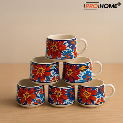 ProHome Hand-Painted Ceramic Tea Set – 7 Pieces (6 Cups & 1 Kettle, Multicolour Floral Design)