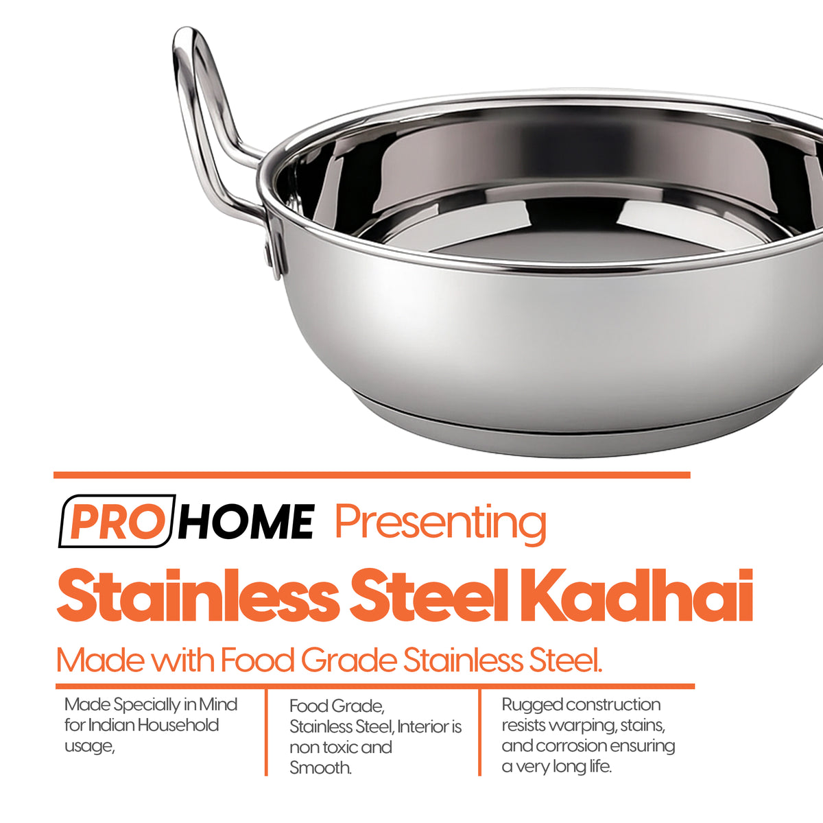 ProHome Stainless Steel Kadai – 24 cm Heavy Bottom Pan, Induction & Gas Compatible Cookware