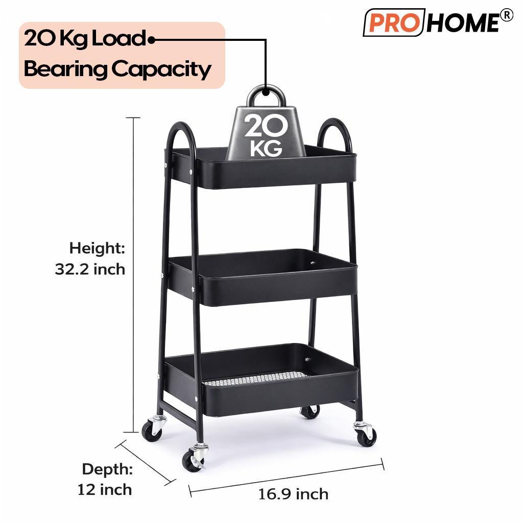 ProHome Smart 3-Layer Kitchen Storage Trolley with Smooth Rolling Wheels